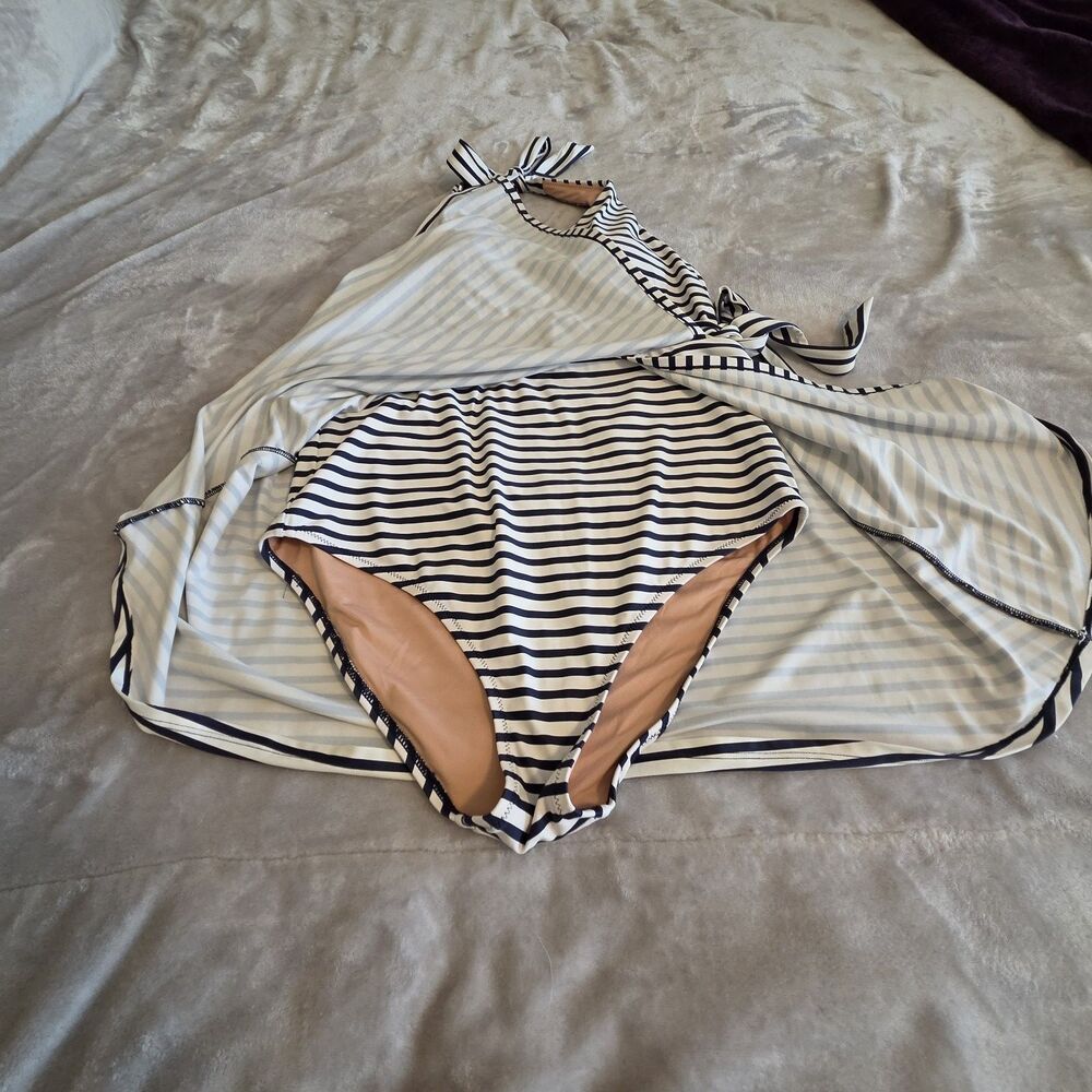 J. Crew Navy White Striped Halter Skirted Bathing Suit Womens Size 14 - Picture 3 of 7